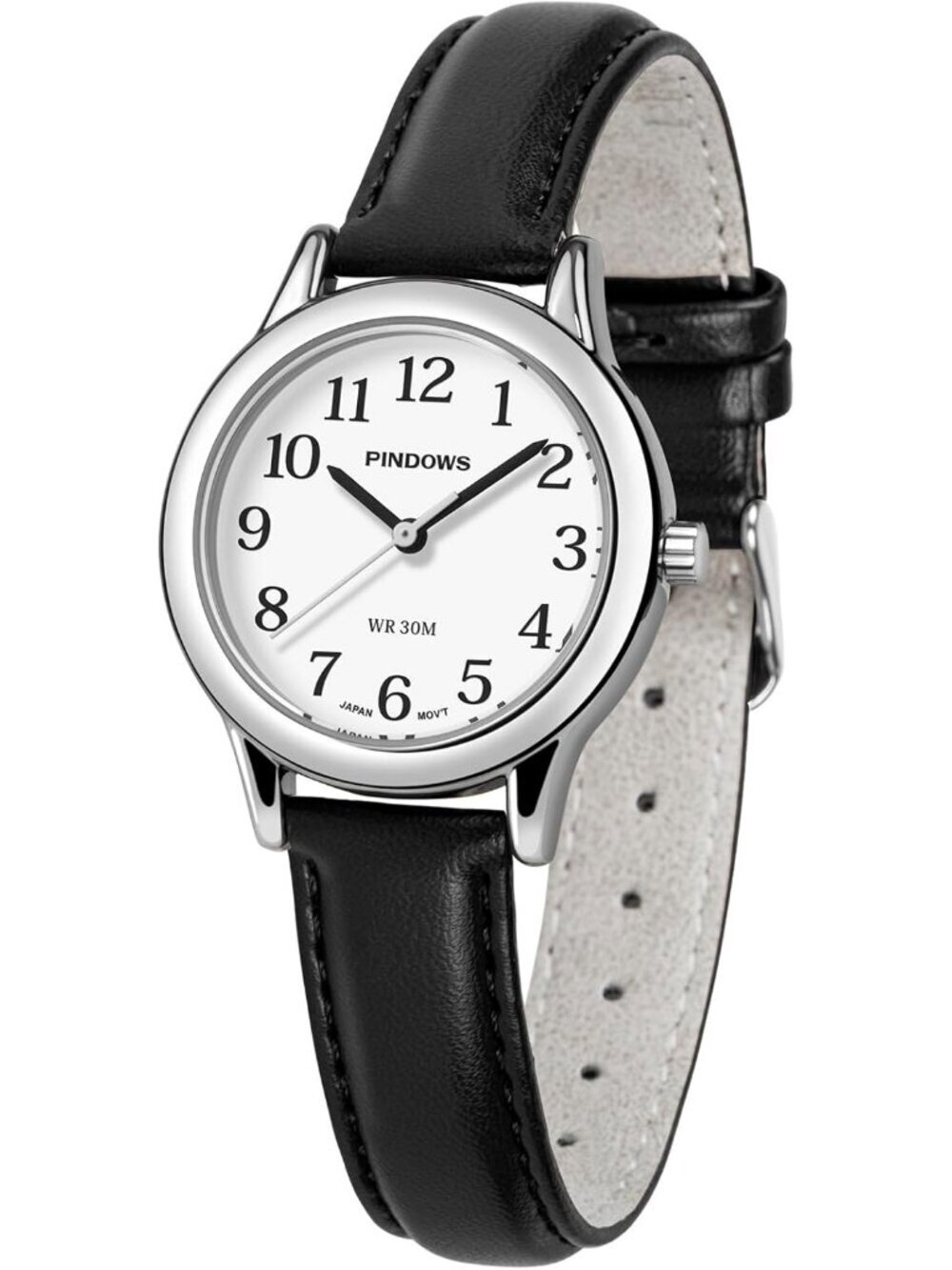 Pindows Women's Black Elegant Quartz Analog Leather Strap Fashionable Watch